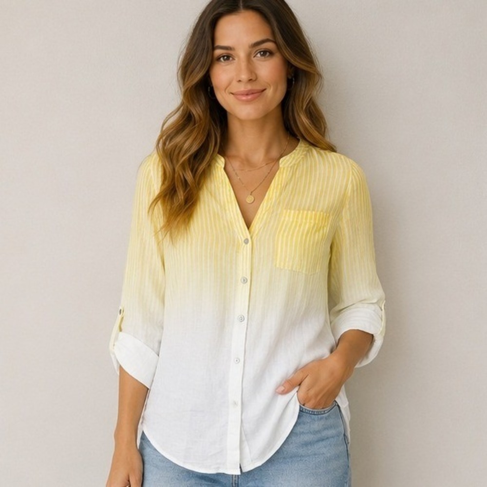 Fyve Women Yellow Ombre Striped Roll Tab Sleeve Button Down Shirt PM